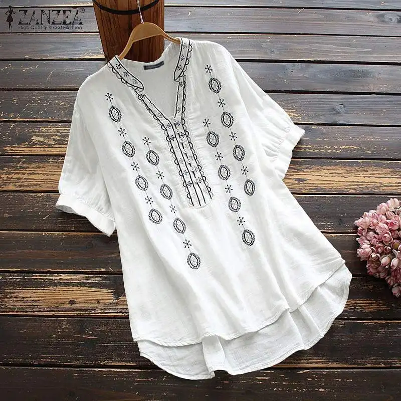 

Vintage Floral Embroidery Shirt ZANZEA Women Cotton Blouse Summer V Neck Short Sleeve Tunic Tops Blusas Baggy Casual Chemise