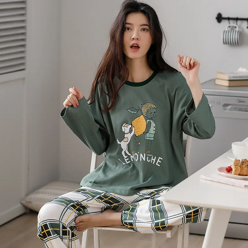 

Осенняя Женская одежда для сна зеленого цвета с героями мультфильмов Комплект пижам с длинными рукавами для женщин, с круглой горловиной, с ...