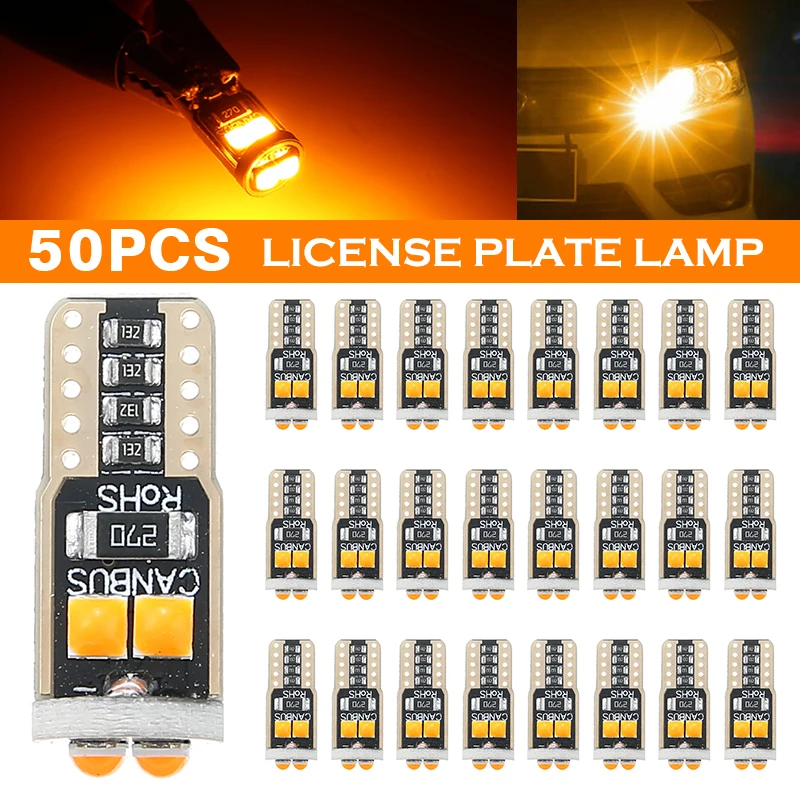 

50pcs/set 12V 2W T10 W5W 6 SMD 3030 Canbus Car Amber LED Bulbs 194 168 147 152 158 159 Auto License Plate Lights 24.5x9.7x9mm