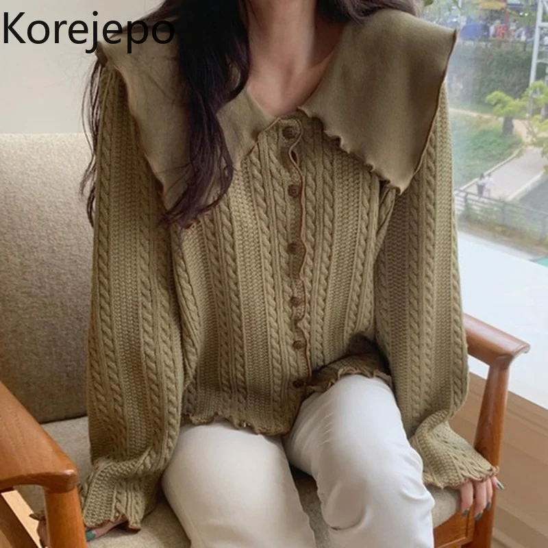 

Женский вязаный кардиган кореjepo, Осень-зима 2021, новый корейский шикарный нежный однобортный свободный свитер в стиле ретро с лацканами