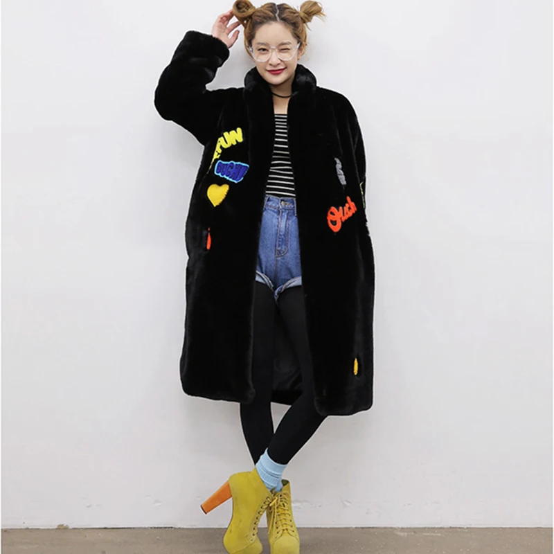 Winter Faux Fur Coat Women Warm Soft Fluffy Long Jacket Fashion Letter Warm Black Brown Green Faux Fur Jackets Overcoat Female