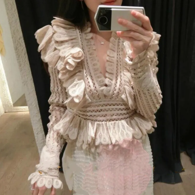 Кружевные рубашки с ажурным крючком тонкие блузки длинными рукавами и оборками в