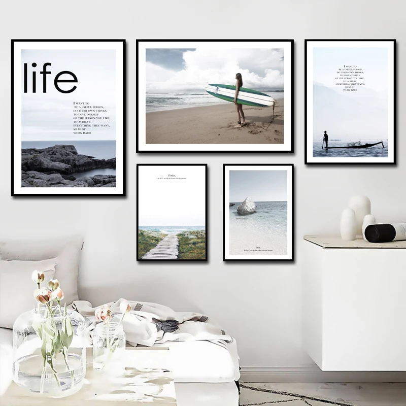 

Ocean Landscape Nordic Style Beach Boat and Woman Wall Art Canvas Poster Painting Decoration Picture Scandinavian Home Decor 3-6
