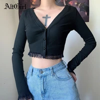 altgirl gothic dark black punk sexy lace patchwork knitted t shirt women long sleeve v neck slim street bottom cardigan female