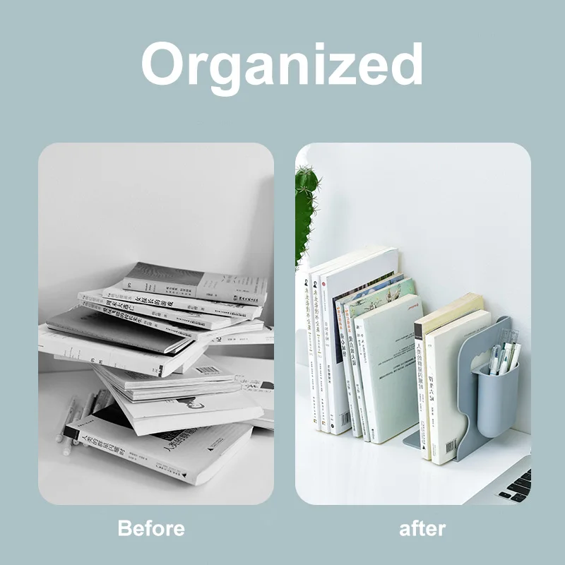 

New Adjustable Bookend Book Holder Retractable Book Stand Multi Compartments with Pen Holder Desktop Organizer Home Office B