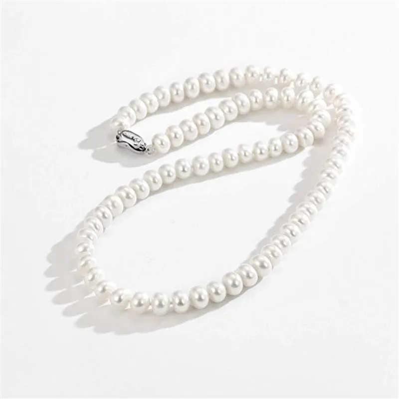 Dainashi Putih 7-10mm Air Tawar Berbudaya Mutiara Helai Kalung Sterling Silver Fine Perhiasan untuk Wanita Hadiah Ulang Tahun