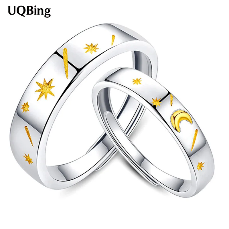

Fashion 925 Standard Silver Gold Color Star&Moon Couple Rings Jewelry Gifts 2021