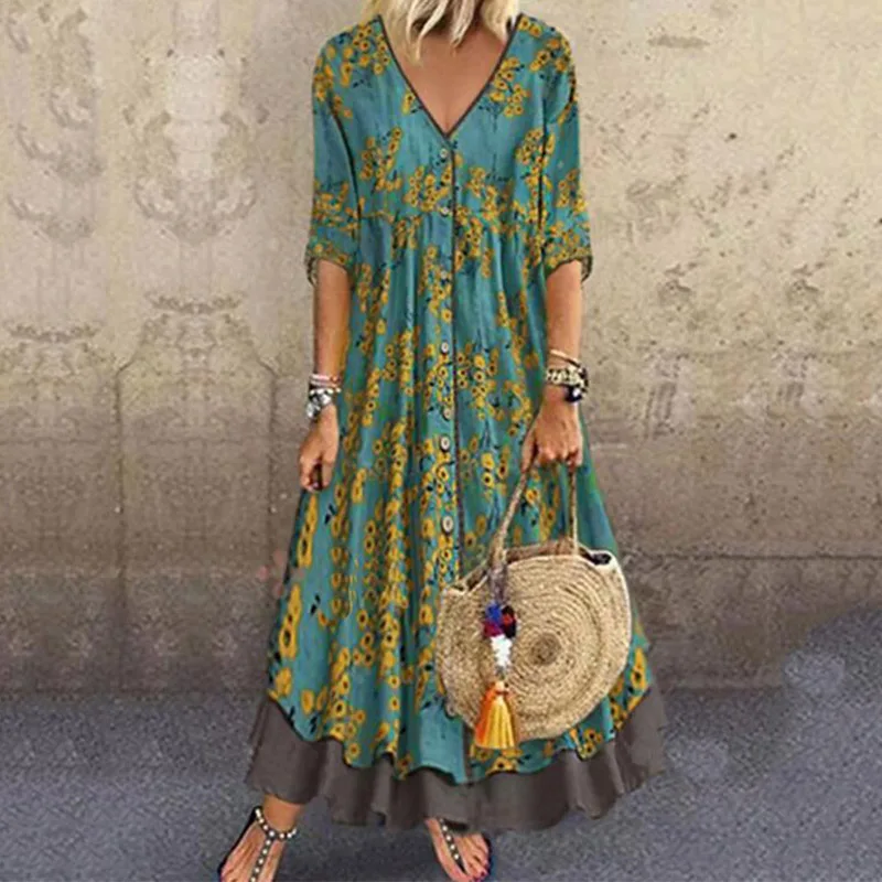 

Plus Size Summer 2021 Long Dress Women V-Neck Floral Printed 3/4 Sleeve Maxi Swing Dress Casual Loose Dress