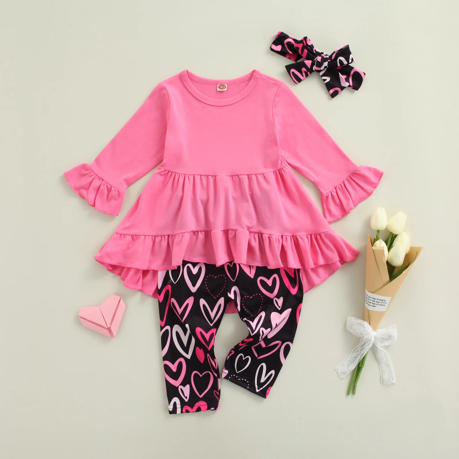 

Baby Kid Girls Pants Sets Long Sleeve Tops with Heart Print Pants Headband Casual Outfit Baby Girls Valentine Day Suit