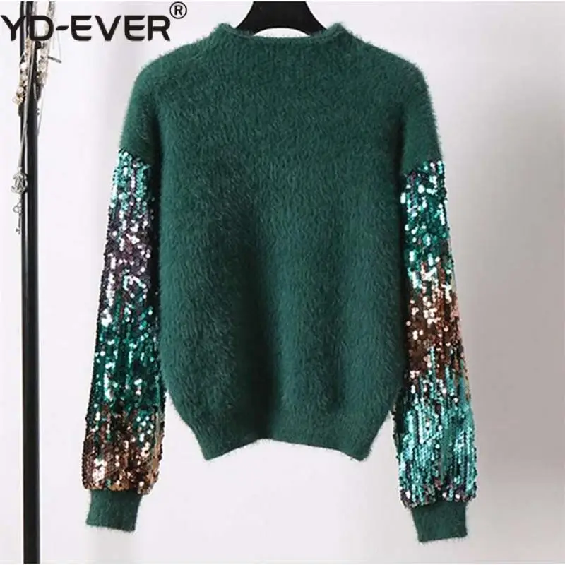 Metallic Sequin Sleeve Fuzzy Angora Sweater Women Autumn Winter High Street Knitted Jumper Pullovers * | Женская одежда