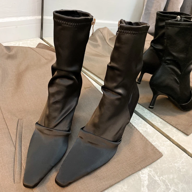 

Women's Pointed Toe Mid-calf Boots High Heels Stilettos Folds Stretch Fabric Shoes Black White B119