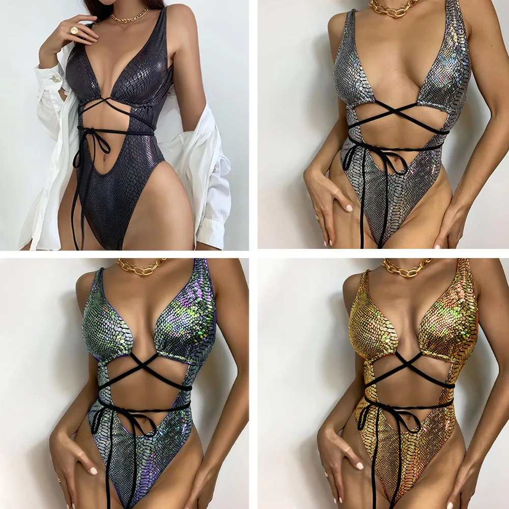 

Hot Sexy Glitter PU Leather Bandage Bikini Set Swimwear High Cut Thong Erotic Lingerie Two Piece Set Beachwear Body Bathing Suit