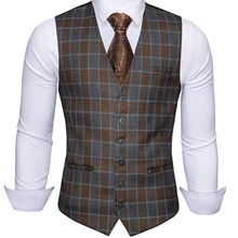 Chaleco de Traje a cuadros para hombre, ropa informal de negocios Formal, con cuello en V y 3 bolsillos, de mezcla marrón (4)