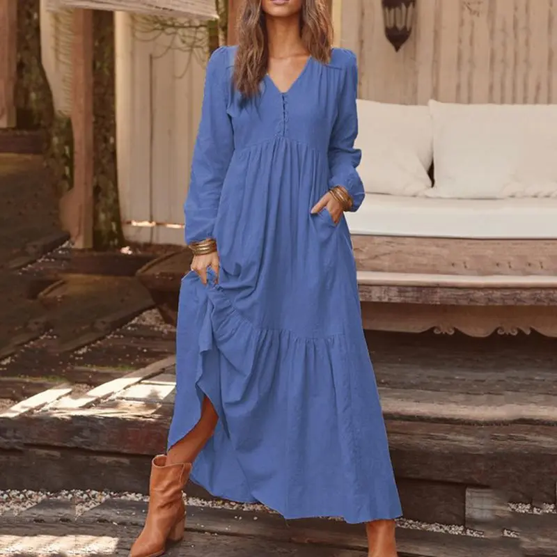 Boho Макси платье, женское платье, осень, женское богемное платье, длина до лодыжки, v-образный вырез, пуловер, простые платья, женские платья