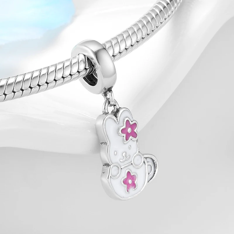 Lovely Flowers White enamel Pet kitten Charms Beads Fit Pandora charms silver 925 Bracelet original jewelry making | Украшения и