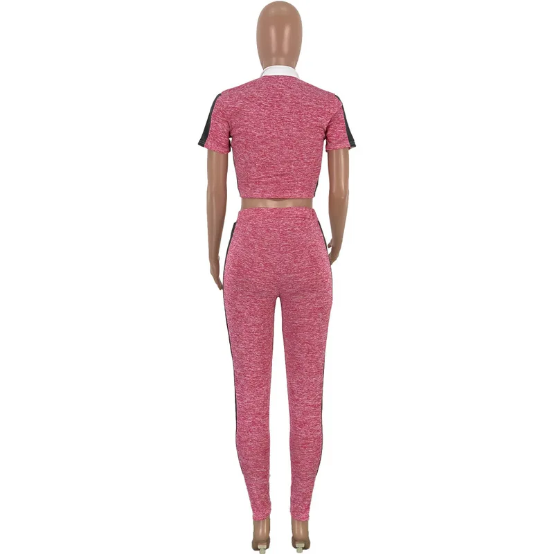 

Plus Size Sportswear 2 Piece Matching Sets Women Clothes Stand Collar Short Sleeve Crop Tops+Skinny Leggings Casual Sweat Suits