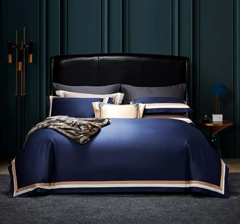 

Chic Hotel Home Luxury Large Jacquard dark blue Embroidery Golden Bedding set Duvet Cover Bedspread Bed Sheet fitted set