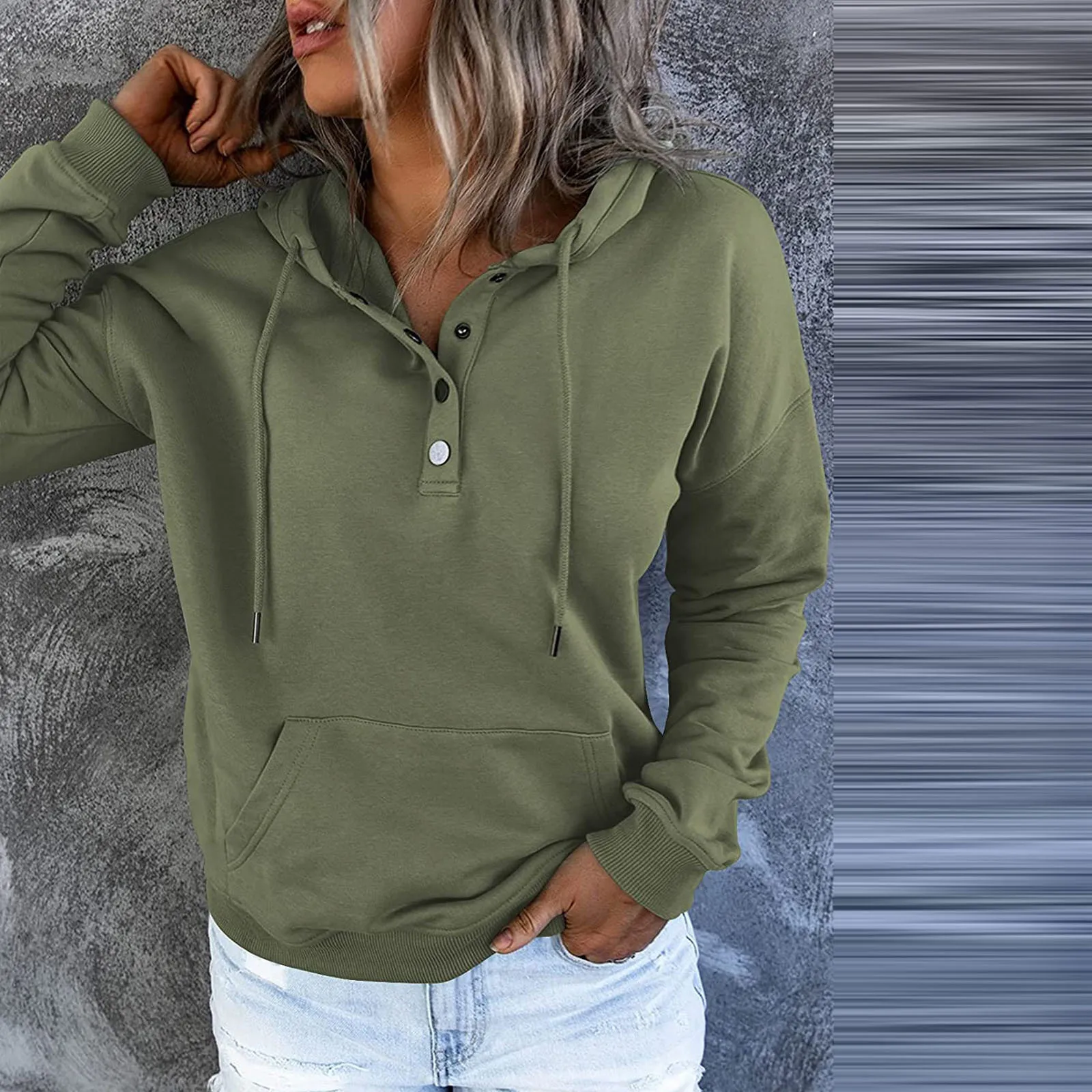 

Green Pullover For Womens Button Down Hoodies Drawstring Hooded Pocket Casual Long Sleeve V Neck Sweatshirts Bluzy Z Kapturem