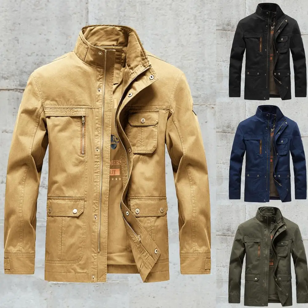 

Men Jacket Solid Color Stand Collar Multi Pockets Zipper Closure Plus Size Male Casual Soft Sports Coat Jacket chaquetas hombre