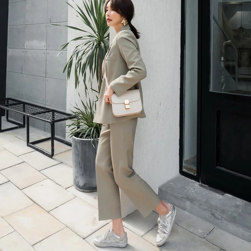Осенний женский костюм комплект из 2 предметов повседневный Блейзер брюки с