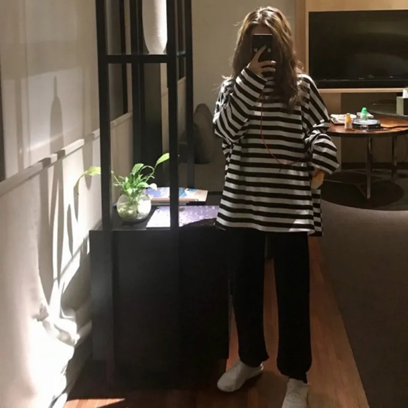 Женский Длинный пуловер в черно-белую полоску Свободный с круглым вырезом на