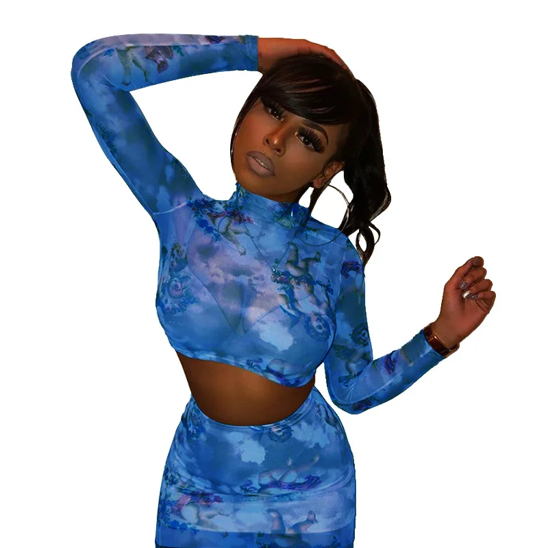 Летние женские комплекты 2020 сетчатые топы с принтом + юбки сексуальные