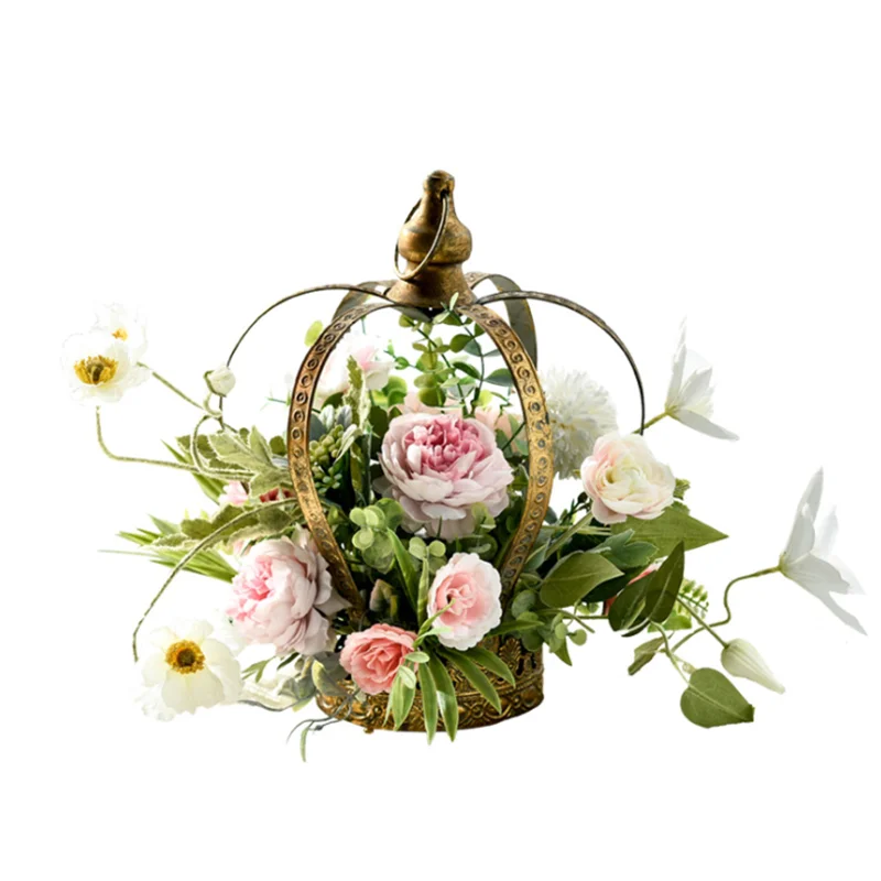

Retro Metal Crown Vase Flower Basket Ornaments Light Luxury Candle Holder Home Decor Hang Decorations Photography Scene Tool