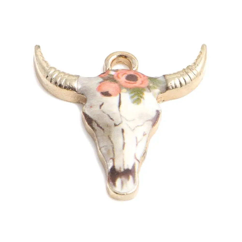 

8Seasons Zinc Alloy Charms Cow Animal Gold Color Multicolor Enamel Pendants Bohemian DIY Necklace Jewelry 2mm x 21mm, 10 PCs