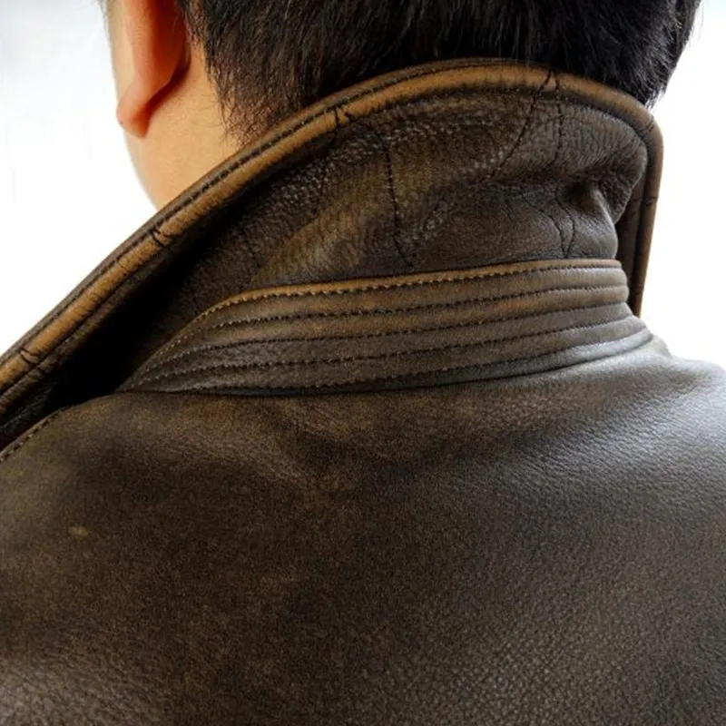 

Brown 2020 Retro American Men Short Biker's Leaher Jacket Large Size 3XL Genuine Cowhide Autumn Slim Fit Motorcycle Leather Coat