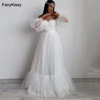 fairykissy puffy sleeve tulle wedding dresses floor length off the shoulder a line simple wedding party gowns for bridal 2021