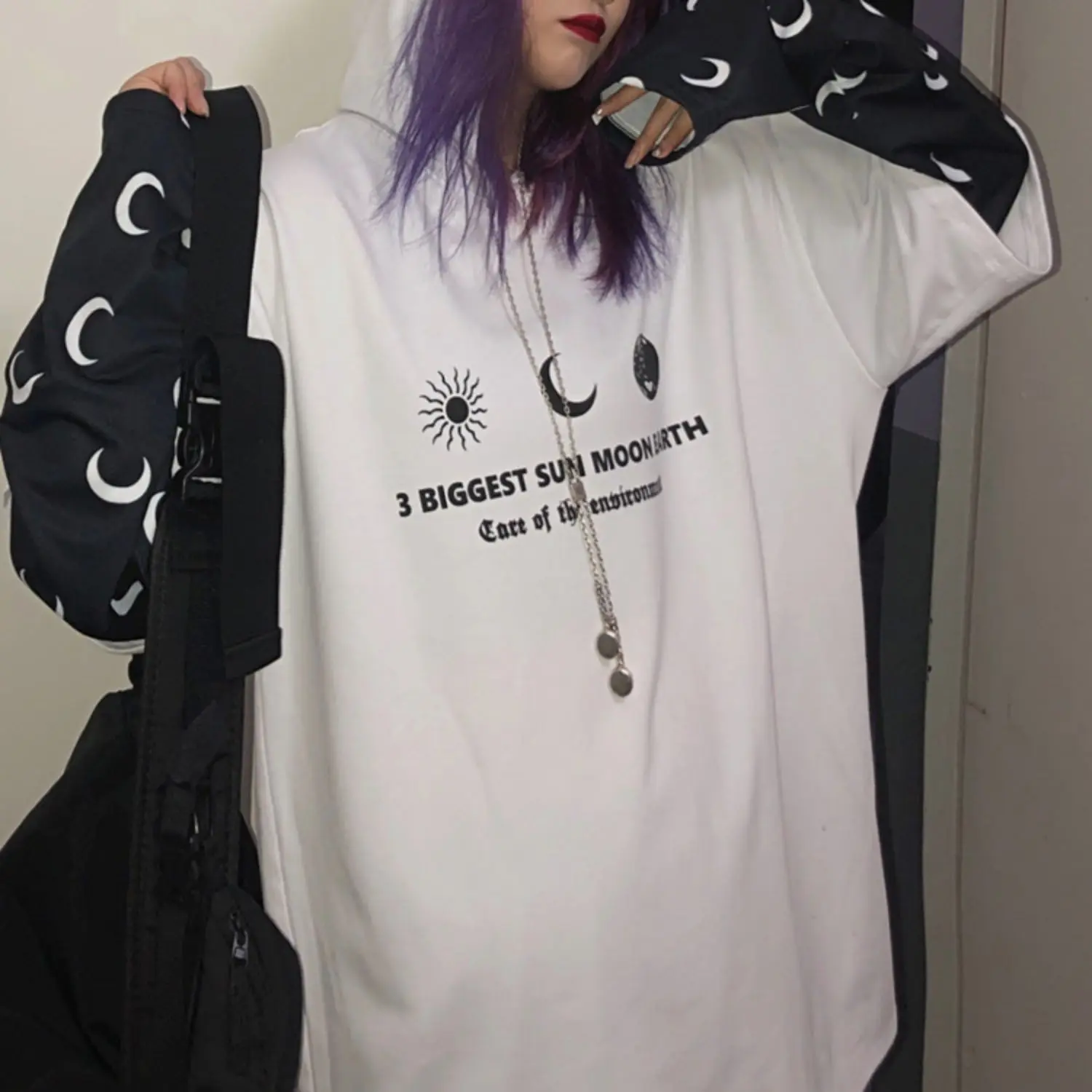 Harajuku уличная Винтажная Футболка для женщин, одежда, осень, корейский Ulzzang, с принтом, с капюшоном, Футболки женские, полный поддельные два топа