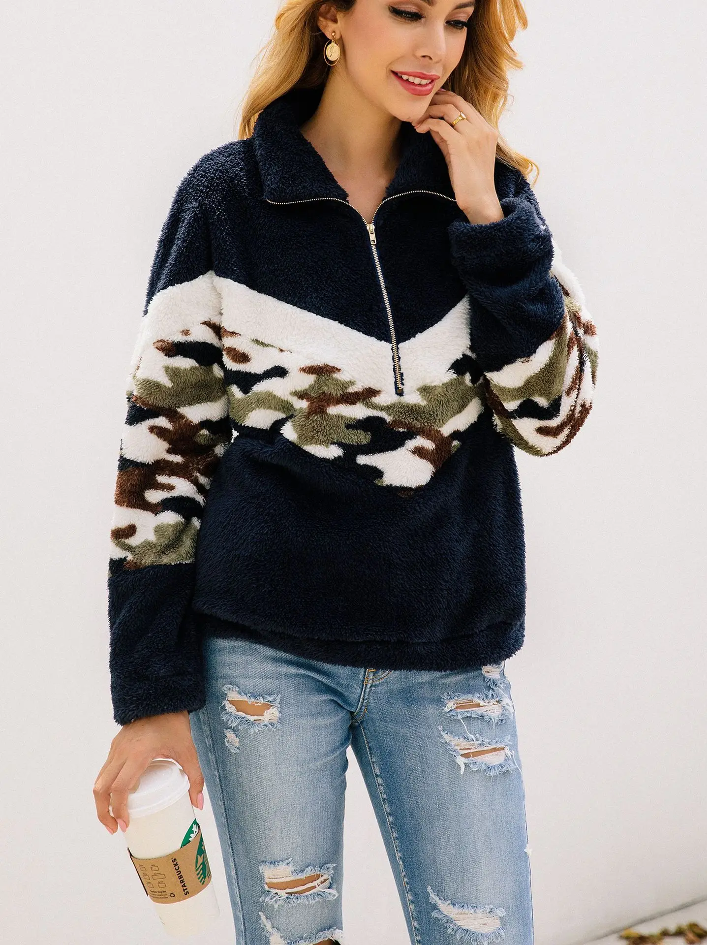 Женская плюшевая толстовка с отложным воротником на молнии|Женские толстовки и