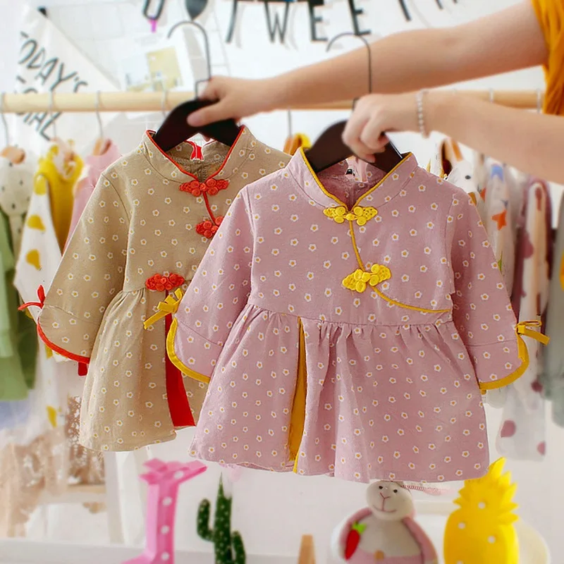 Осеннее Повседневное платье с длинными рукавами и цветочным принтом для