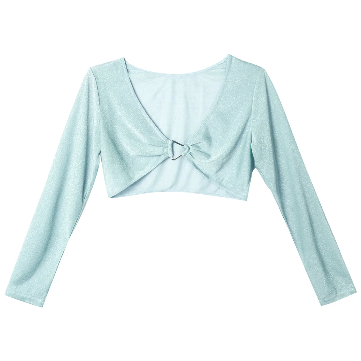 

iiniim Womens Fashion Shiny Glittery Deep V Neck Long Sleeves Triangle Buckle Front Mesh Crop Tops Tee Blouse