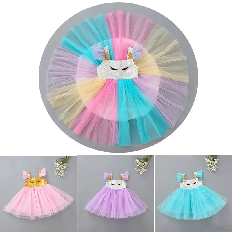 

Baby Rainbow Unicorn Princess Dress Kids Halloween Fancy Clothes Children's Birthday Carnival Party Costume and Accessories