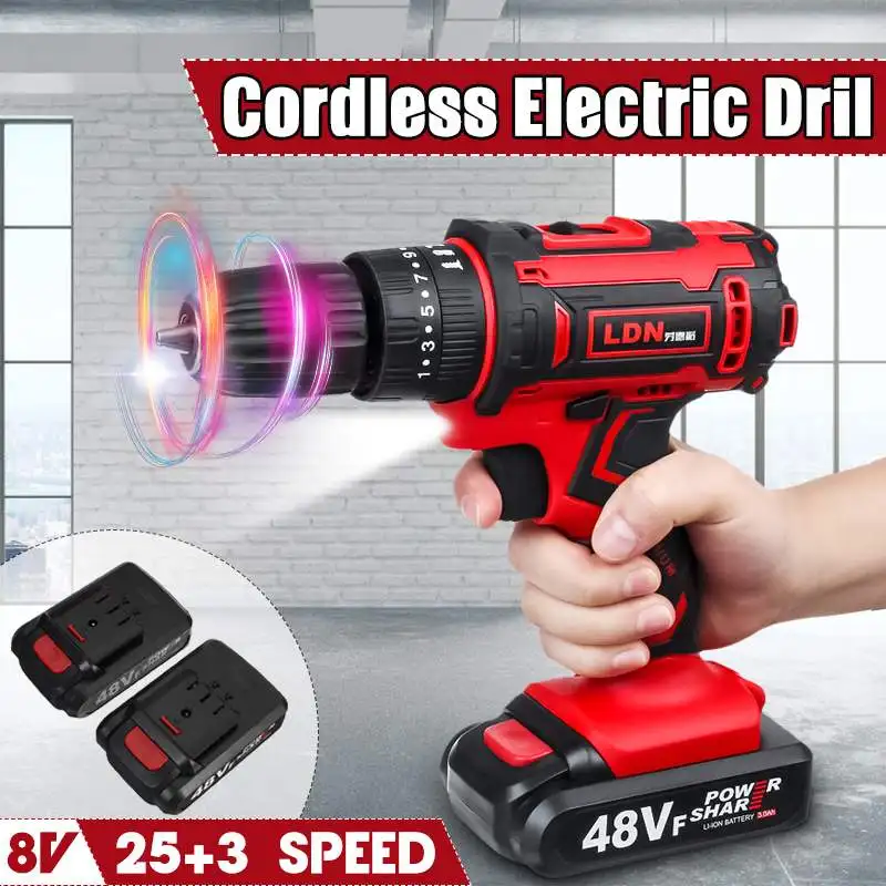 

48V Cordless Drill Electric Screwdriver Drill 25+3 Torque Electric Hammer Impact Drill Power Tools With 2Pcs Lithium-Ion Battery