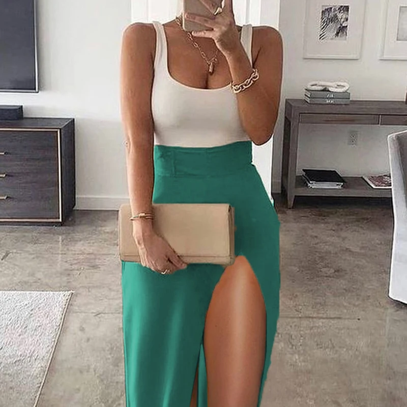 

Skirt Sets Women Two Piece Set Fashion Party Wear Solid U Neck Tank Top & High Slit skirts
