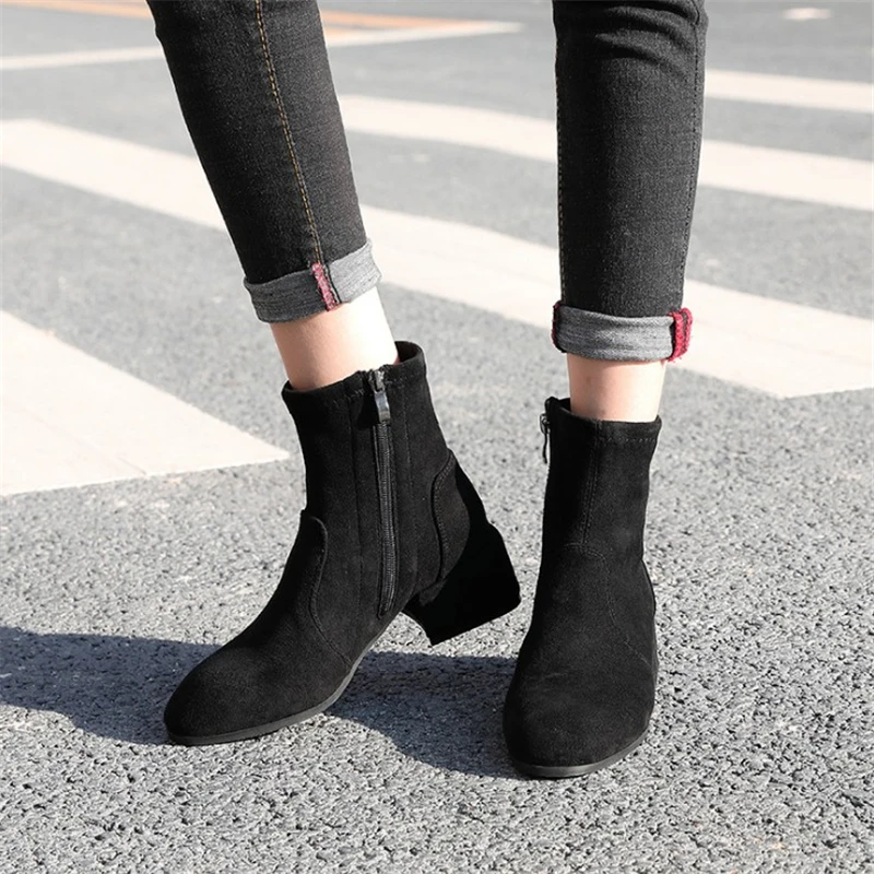 

JIANBUDAN New autumn women's boots Flock Leather ZIP Fashion Ankle boots Big size black Square Toe High heel women's boots 34-43