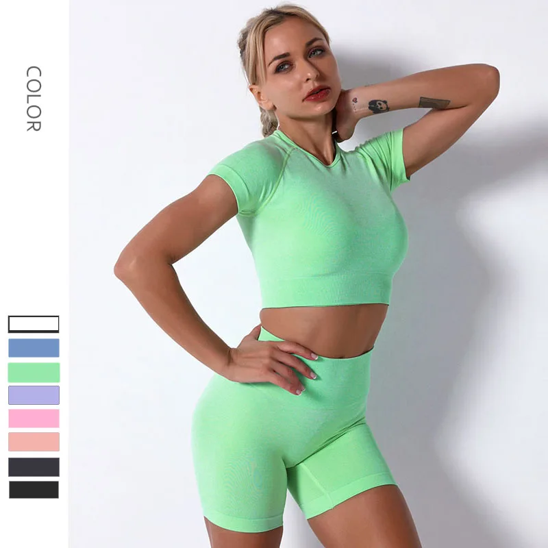 

Женский комплект одежды для фитнеса, из 2 предметов, укороченный топ для йоги, Спортивная рубашка и велосипедные шорты, летний бесшовный кос...