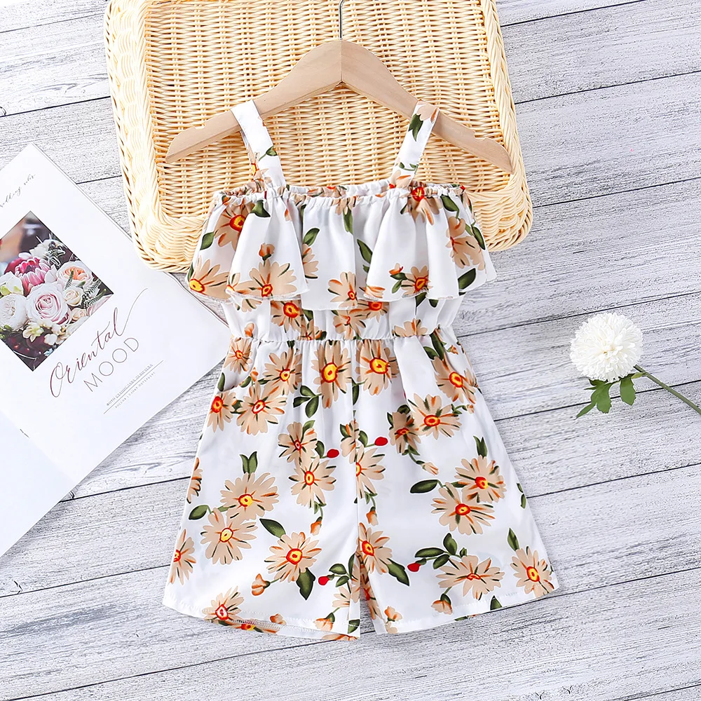 

Summer Children's Clothing 2021 New Girls Small Fresh Print Ruffled Neckline Sling Baby Jumpsuit 2 to 6 Years Baby Girl Clothes