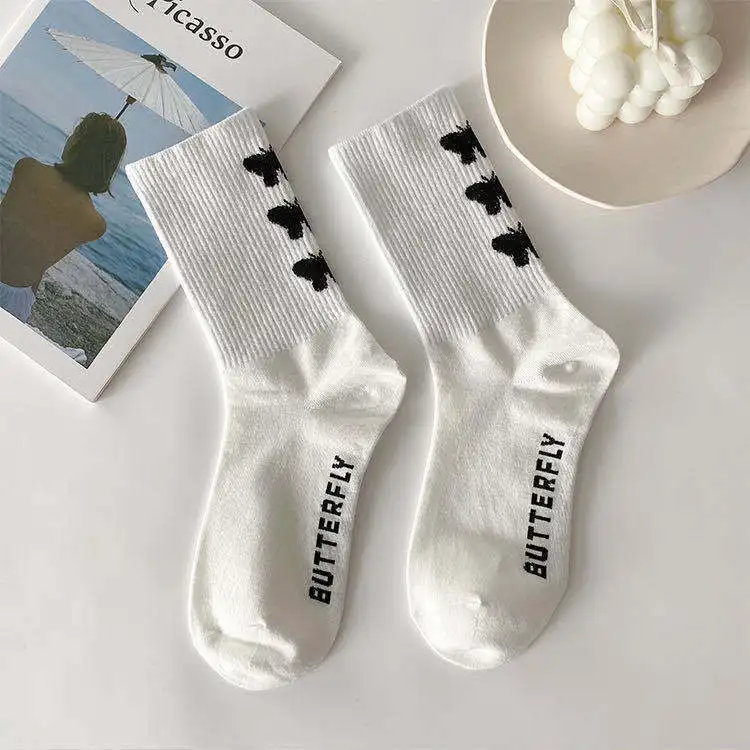 Kawaii beautiful animal butterfly socks women's socks black and white leg pile socks street sports trend Harajuku socks women