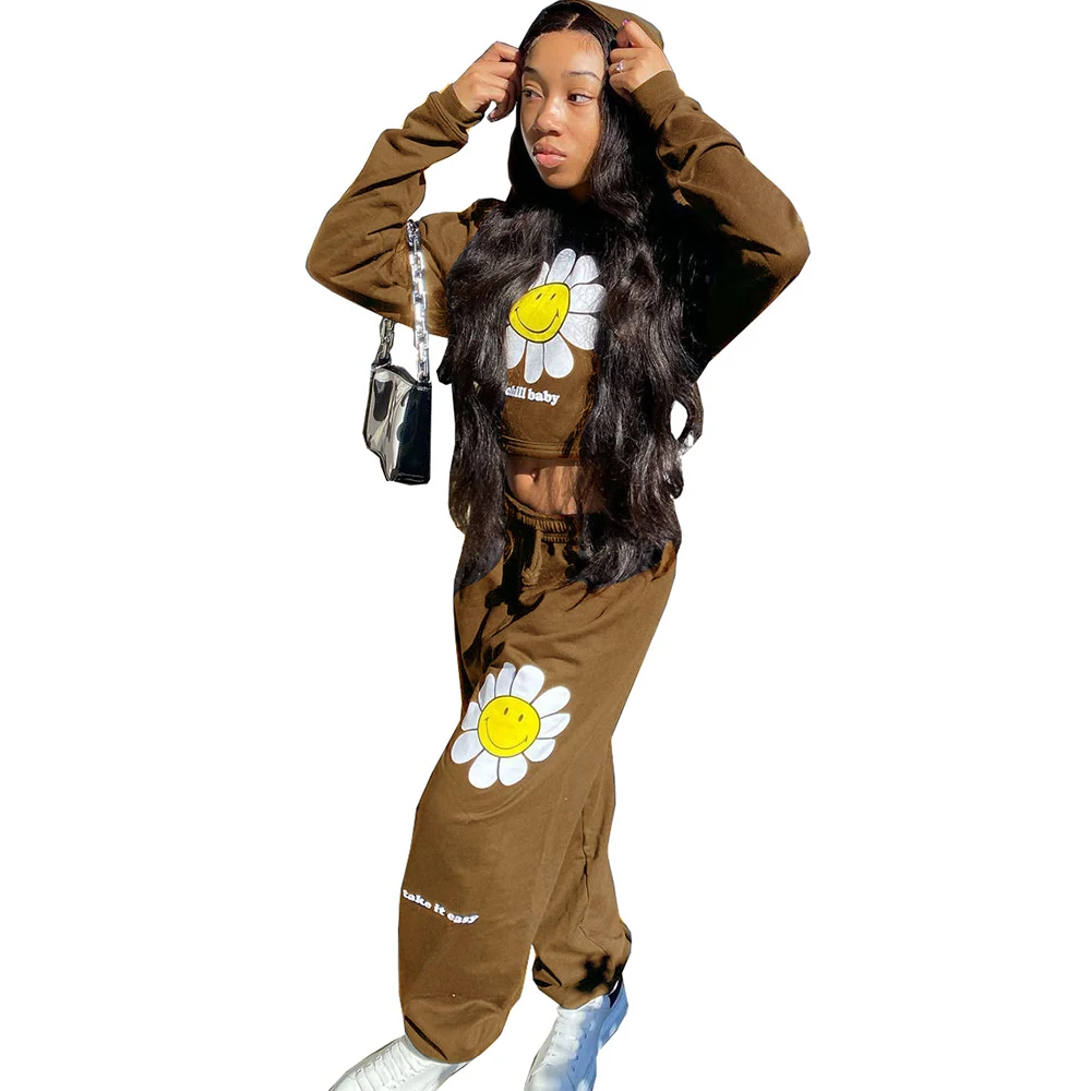 

Flower Letter Printed Hoodie Two Piece Set Tracksuit for Women Hooded Long Sleeve Crop Top+baggy Sweatpant Loungewear Outfits