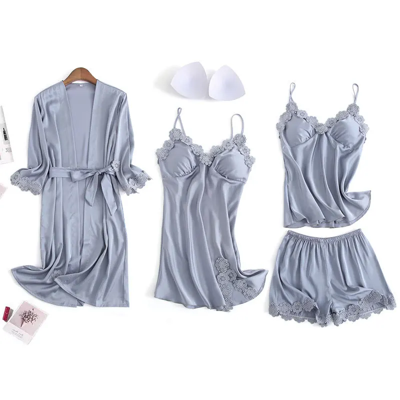 

Весенне-летняя женская домашняя одежда в Корейском стиле из четырех частей, сексуальная дышащая удобная Пижама, атласная шифоновая пижама ...