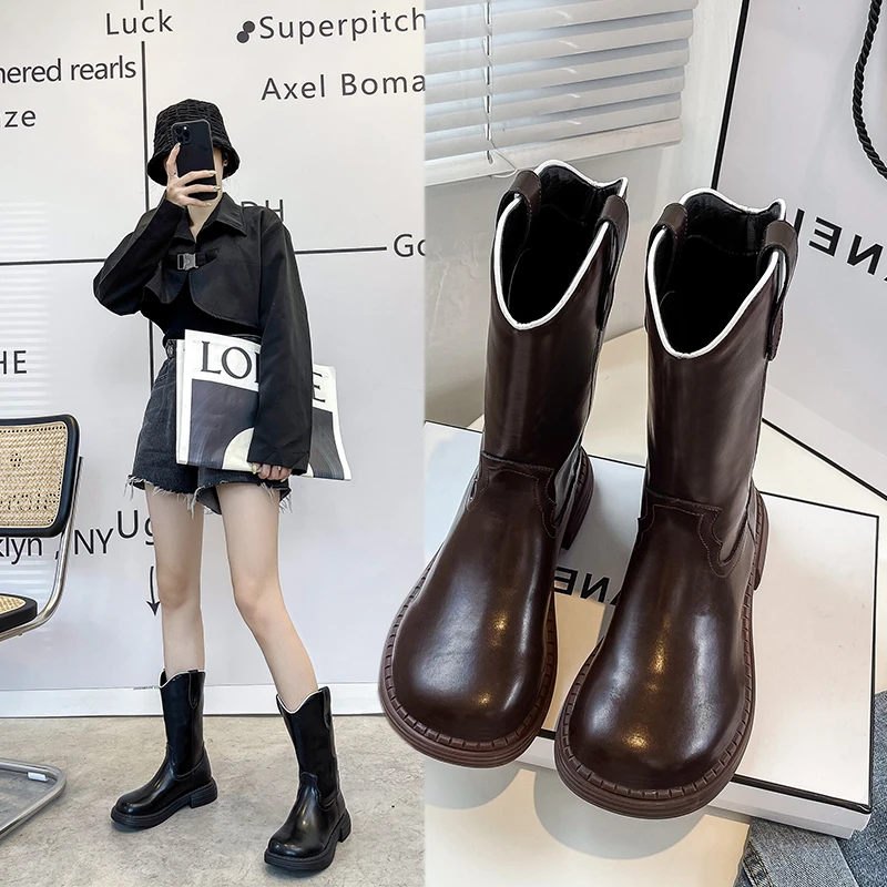 

Модные ковбойские ботильоны для женщин, ботинки на среднем каблуке, женские повседневные ботинки в западном стиле, Подиумные ботинки на мас...