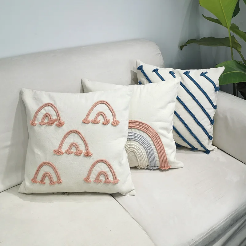 

Rainbow Cushion Cover Boho Home Decoration Black Stripe Pillow Cover Rope Embroidery Pink 45x45cm For Living Room Bed Room