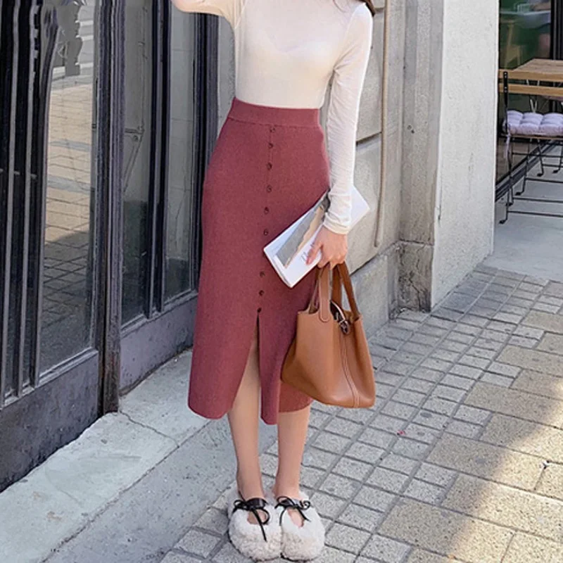 2019 Осень Зима Толстая Женская трикотажная юбка однобортная бедра посылка