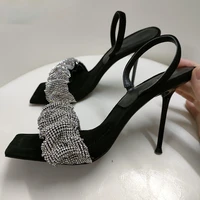 2021 new rhinestone ruffles open toe sandals high heels gladiator stiletto summer crystal slingbacks black shoes woman