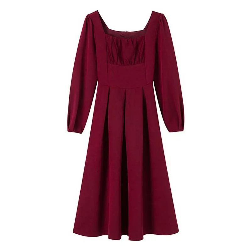 

Spring Square Collar Long Sleeve Dress Women Burgundy Temperament Pleated A-line Vintage Slim Vestido Mujer New Mid-calf Dresses