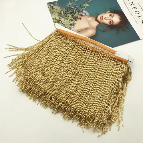5Meter wholesale 15cm(6inches) heavy Glass Gold color Seed Beaded Fringe Lamp Costume Trim Crafts - Цвет: gold with ribbon
