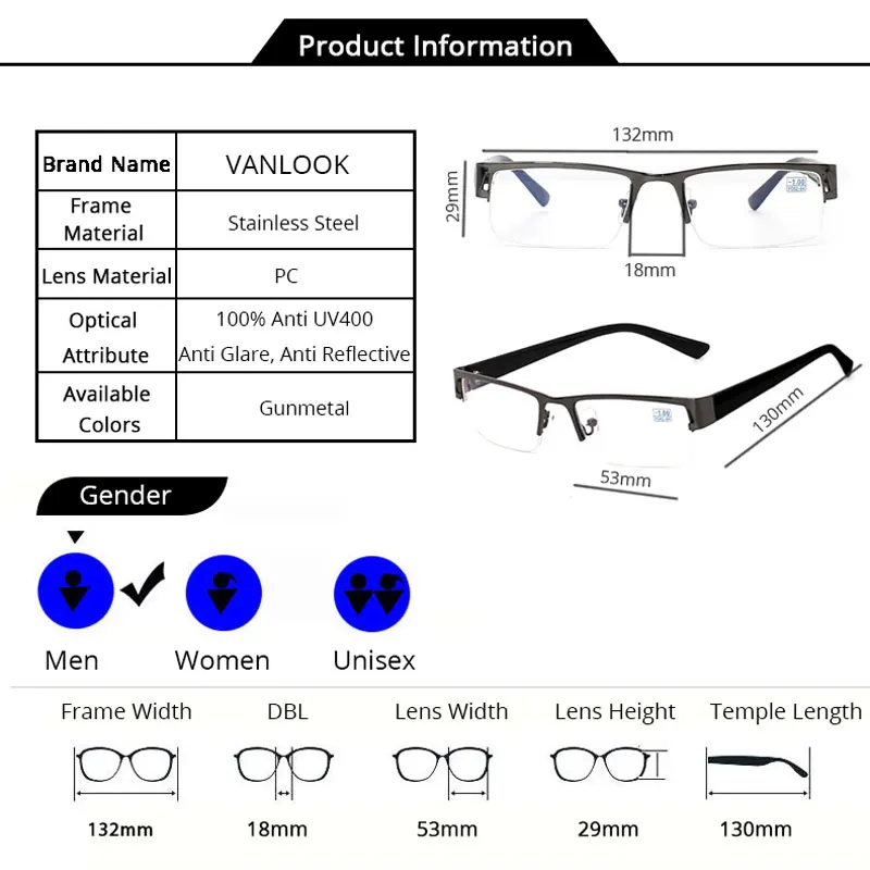 Очки для близорукости VANLOOK мужские металлическая полуоправа Eyewear-0.50-1.00-1.25-1.50-2.00 -- 2